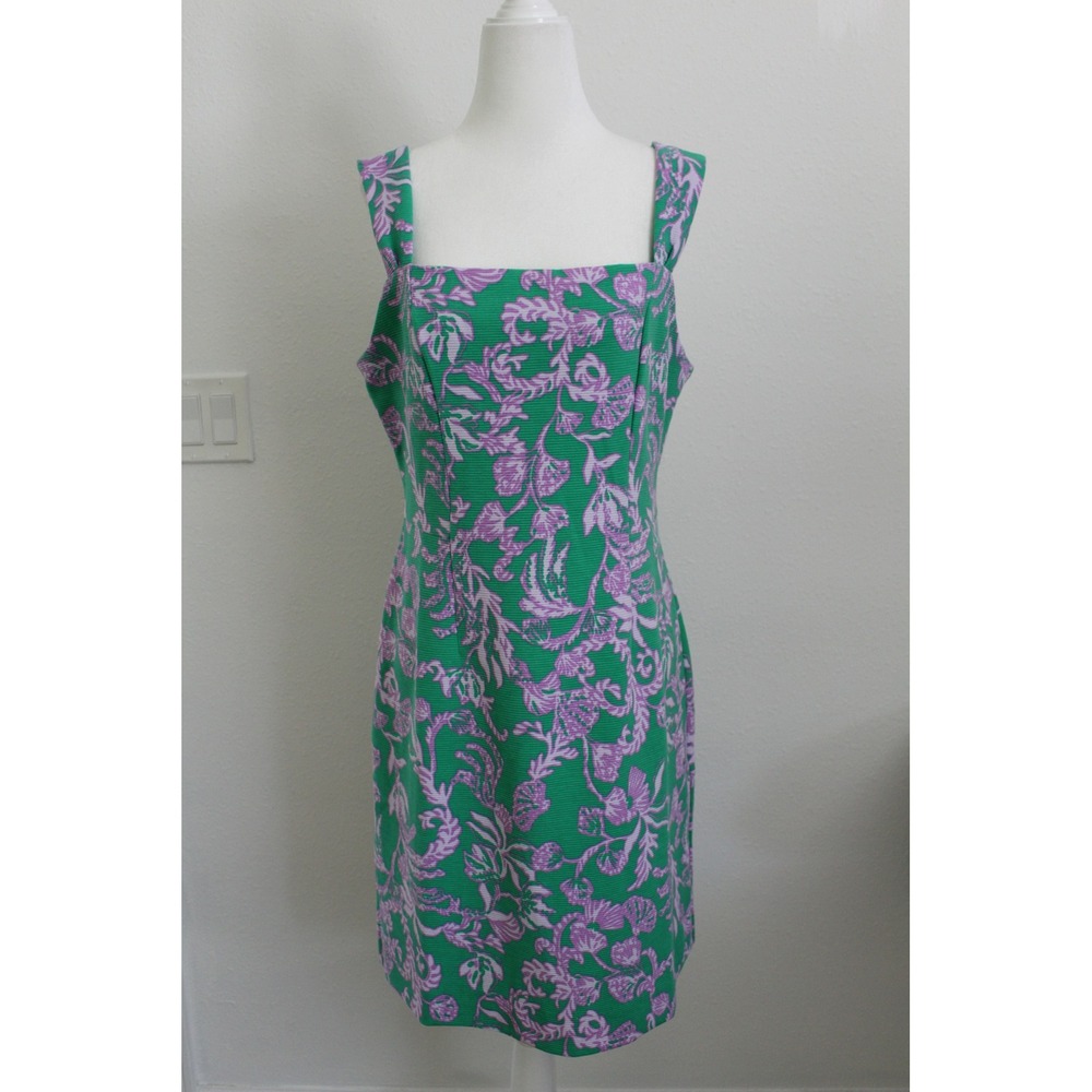 Lilly Pulitzer Green Purple Floral Rib Textured Shift Dress Square Neck Size 10